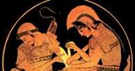 Achilles opatruje rany Patroklesa, malowidło wewnątrz wazy, ok. 500 r. p.n.e. /Encyklopedia Internautica