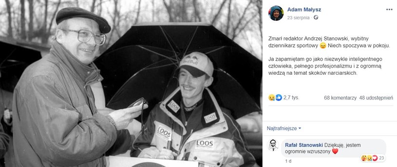 Adam Małysz żegna Andrzeja Stanowskiego /Facebook