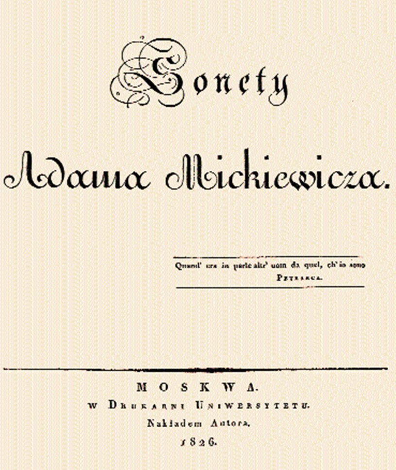 Adam Mickiewicz, Sonety, strona tytułowa, Moskwa 1826 r. /Encyklopedia Internautica