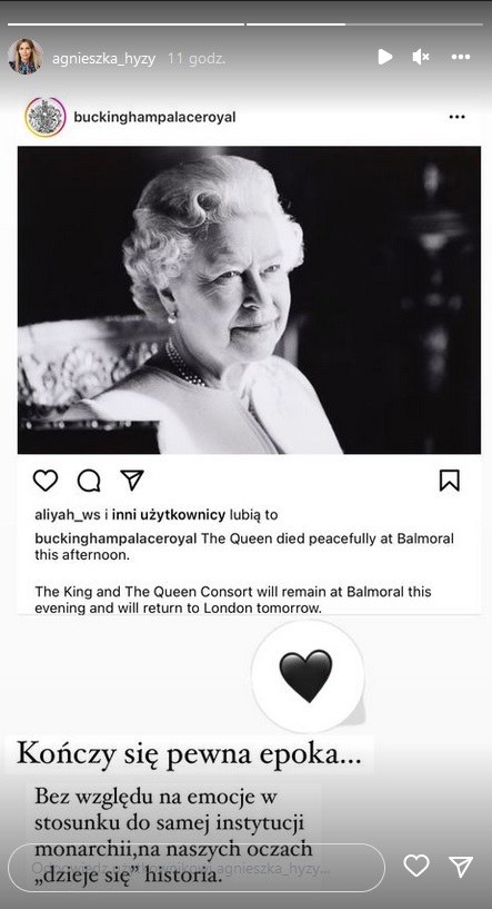 Agnieszka Hyży o śmierci królowej Elżbiety II /www.instagram.com/agnieszka_hyzy /Instagram