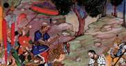 Akbar na koniu w otoczeniu wojowników i słoni, przed nim pokonany buntownik chan Bahadur, ilustrac /Encyklopedia Internautica