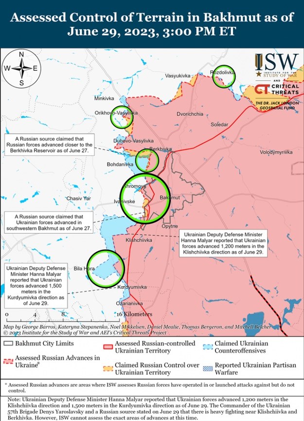 Aktualna sytuacja na froncie ukraińsko-rosyjskim w rejonie Bachmutu (źródło: Institute for Study of War) /
