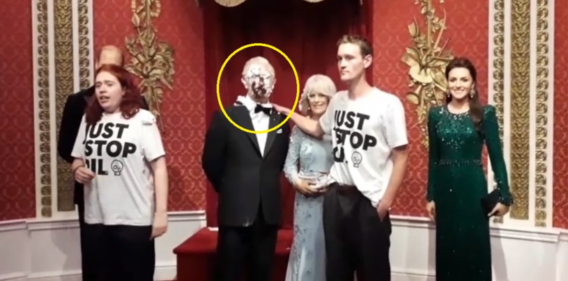 Aktywiści organizacji Just Stop Oil obrzucali figurę króla Karola III ciastem /Just Stop Oil/Twitter /