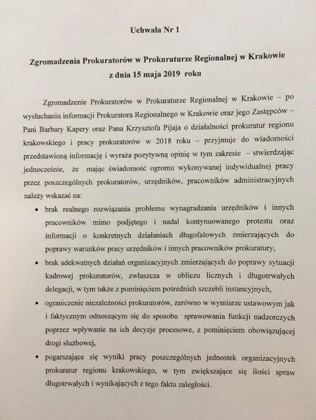 Alarmująca uchwała Zgromadzenia Prokuratorów w Prokuraturze Regionalnej w Krakowie /&nbsp; /