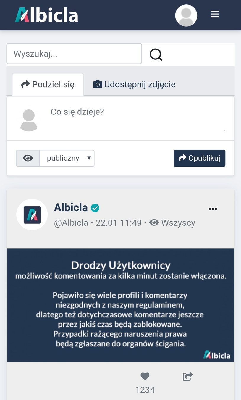 Albicla - widok strony tytułowej po zalogowaniu, wersja z mobilnej przeglądarki. Fot. Zrzut ekranu /INTERIA.PL