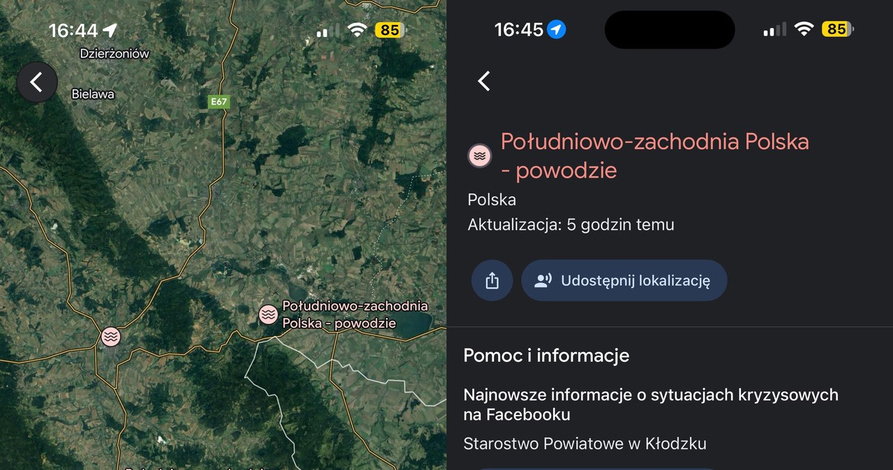 Alerty powodziowe w aplikacji Google Maps. /Dawid Długosz /INTERIA.PL