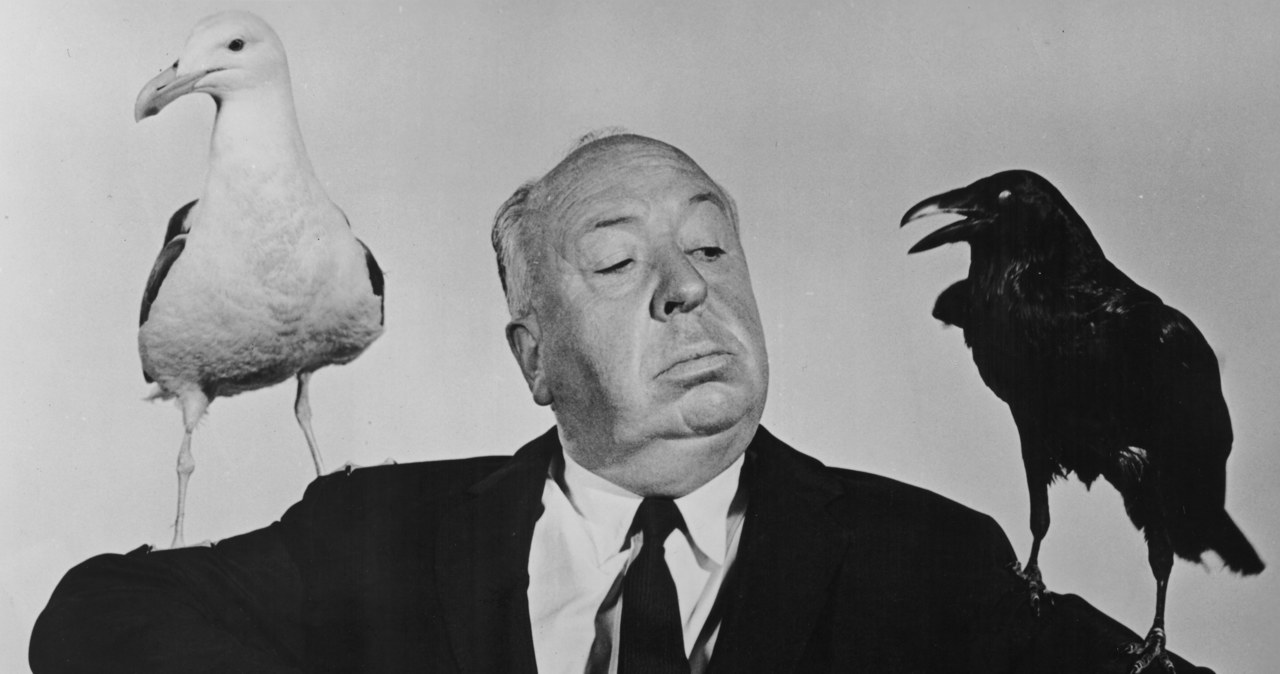 Alfred Hitchcock na grafice promującej film "Ptaki" / Hulton Archive / Handout /Getty Images