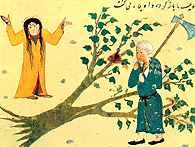 Ali na rozkaz Mahometa ścina w Mekce święte drzewo, ludowa miniatura perska /Encyklopedia Internautica