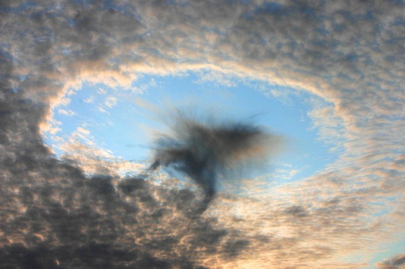 Altocumulus cavum (Ac cav) nad Austrią, Sierpień 2008. Podobną chmurę zaobserwowano w woj. lubuskim  wstyczniu 2024 roku /H. Raab/CC BY-SA 3.0 Deed (https://creativecommons.org/licenses/by-sa/3.0/deed.en) /Wikimedia