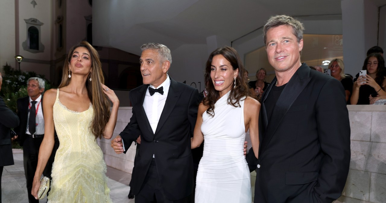 Amal Clooney, George Clooney, Ines de Ramon i Brad Pitt na premierze "Samotnych wilków" /Pascal Le Segretain /Getty Images