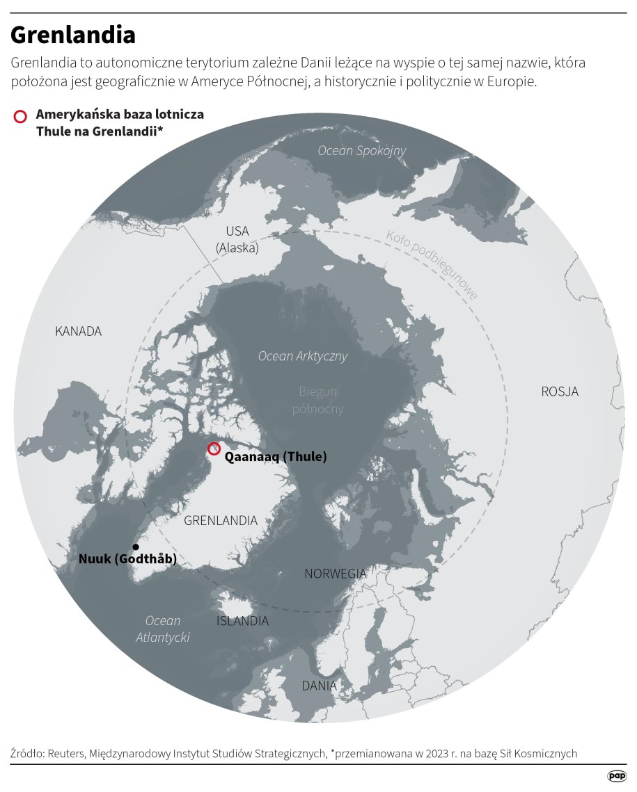 Amerykańskie posiadanie i kontrola nad Grenlandią jest absolutną koniecznością - powiedział w niedzielę prezydent elekt Donald Trump. Trump nominował byłego wspólnika Elona Muska, miliardera Kena Howery'ego na ambasadora w Kopenhadze. /Adam Ziemienowicz /PAP