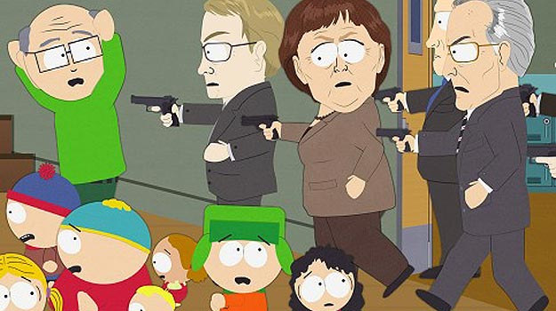 &nbsp; Niemieccy politycy z kanclerz Angelą Merkel szturmują uzbrojeni w pistolety szkołę w miasteczku South Park /materiały prasowe