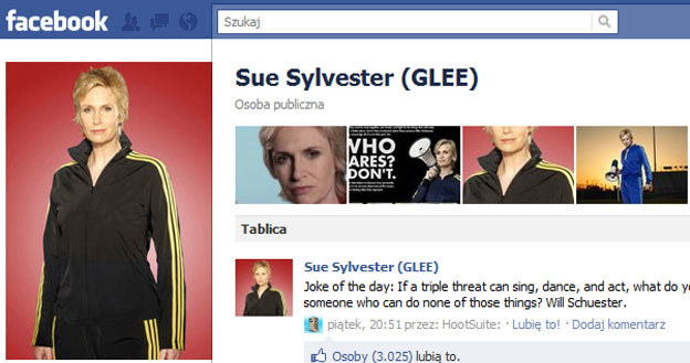 &nbsp; Sue Sylvester - najpopularniejsza serialowa gwiazda. Jej facebooka lubi aż 845 tysięcy fanów. /Facebook.com