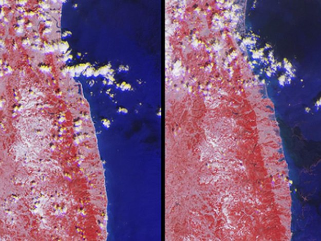 &nbsp; Zdjęcie z prawej zostało wykonane 12 marca po przejściu fali tsunami, zdjęcie z lewej w 2001 roku zrobione w niemal identycznych warunkach /fot. NASA/GSFC/LaRC/JPL, MISR Team /NASA