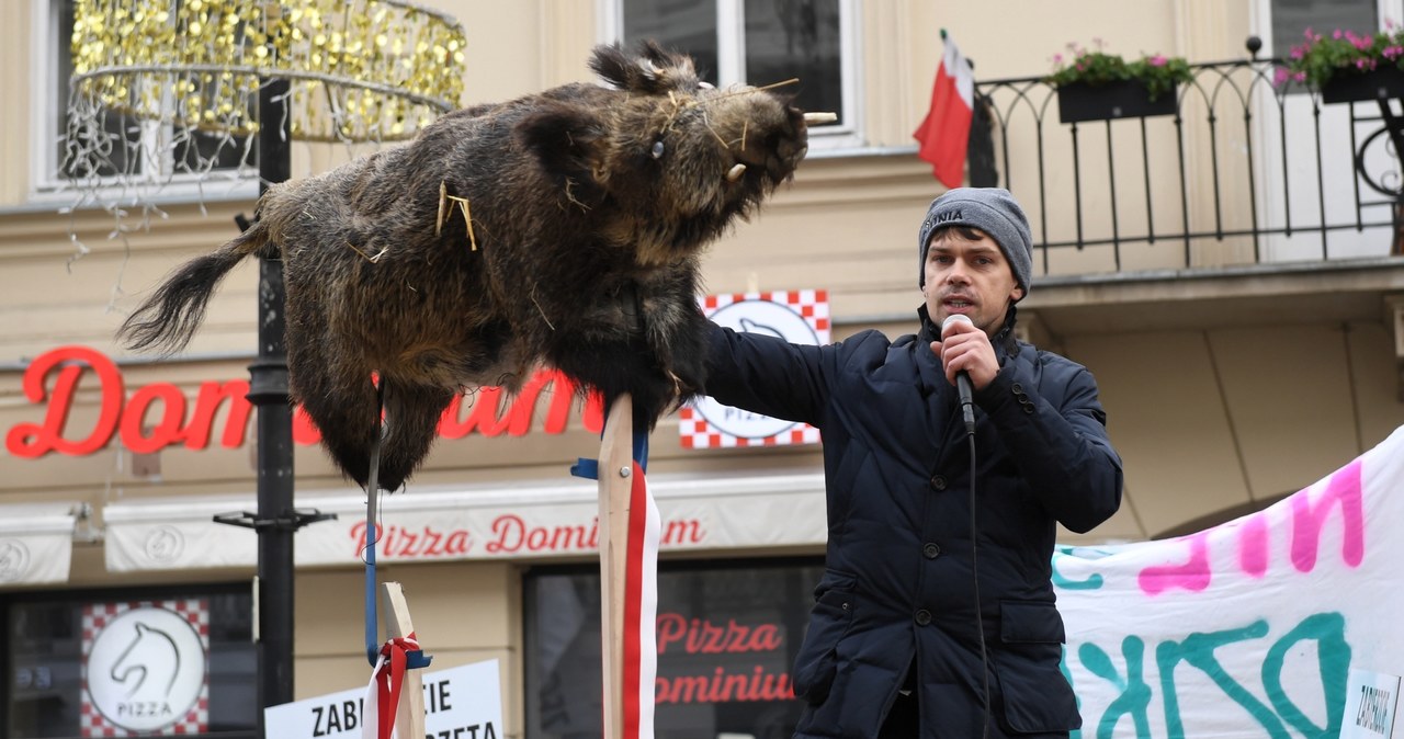 "Zabić dzika, nie rolnika". Protesty przed siedzibą Polskiego Związku Łowieckiego