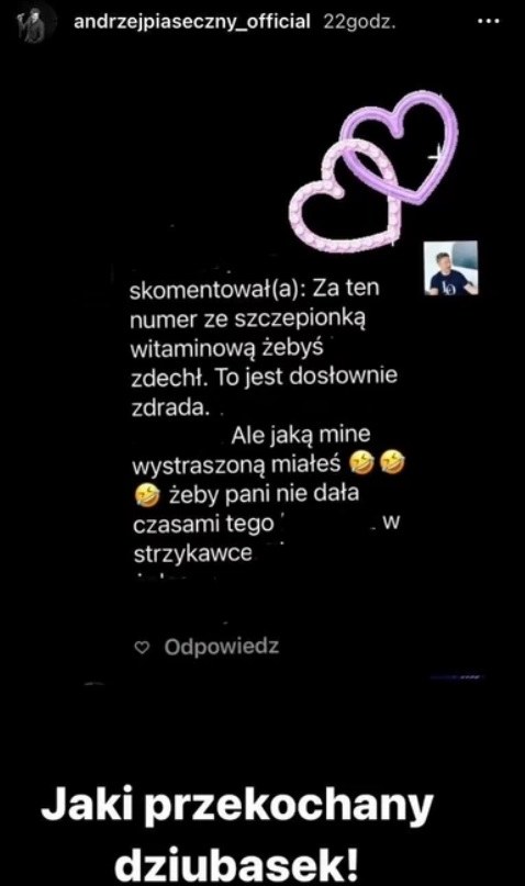 Andrzej "Piasek" Piaseczny pokazał komentarz hejtera /Instagram
