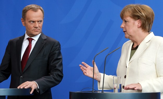 Angela Merkel i Donald Tusk podczas konferencji w Berlinie /WOLFGANG KUMM /PAP/EPA