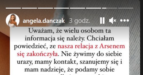 Angela rozstała się z Arsenem, o czym poinformowała na InstaStory /Instagram/angela.danczak /Instagram