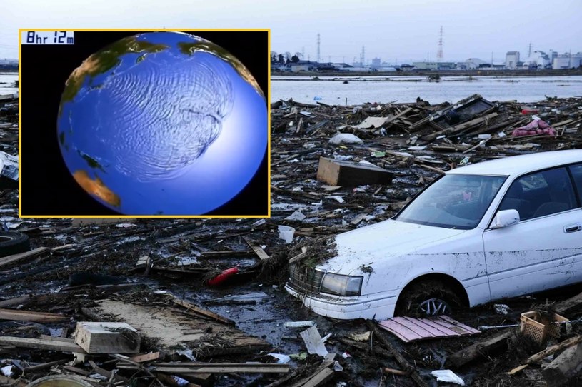 Animacja pokazuje rozchodzące się fale tsunami po trzęsieniu ziemi w pobliżu wybrzeży Japonii w marca 2011 roku /East News