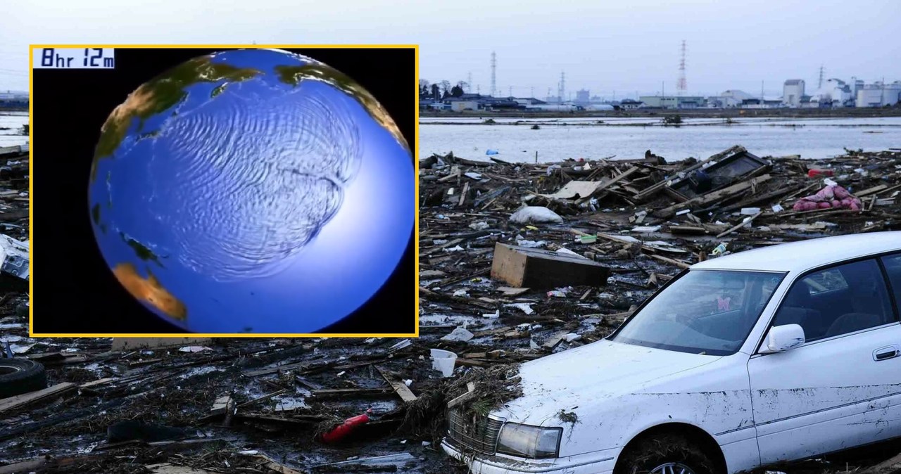 Animacja pokazuje rozchodzące się fale tsunami po trzęsieniu ziemi w pobliżu wybrzeży Japonii w marca 2011 roku /East News