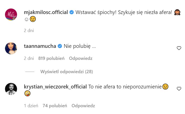 Anna Mucha i Krystian Wieczorek zareagowali na pomysły scenarzystów serialu /@mjakmilosc.official /Instagram