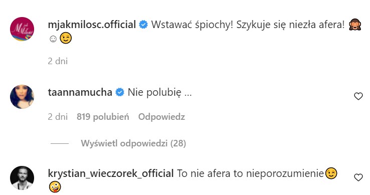 Anna Mucha i Krystian Wieczorek zareagowali na pomysły scenarzystów serialu /@mjakmilosc.official /Instagram