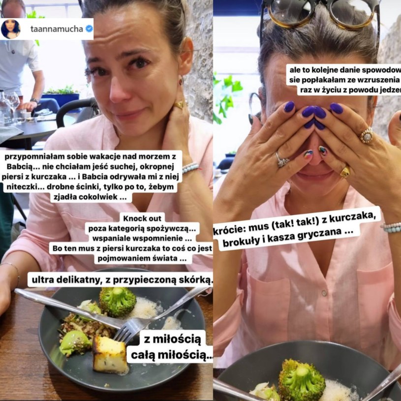 Anna Mucha zdecydowała się na mus z kurczaka z brokułami i kaszą gryczaną. Obiad niespodziewanie przywołał wspomnienia /instagram/@taannamucha /Instagram