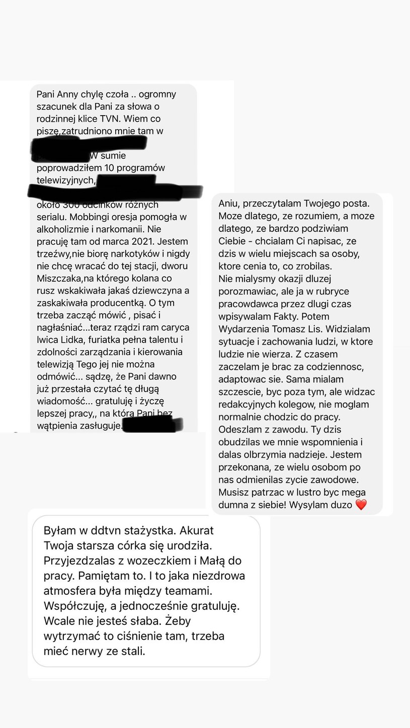 Anna Wendzikowska publikuje na Instagramie wiadomości od pracowników TVN /@aniawendzikowska /Instagram