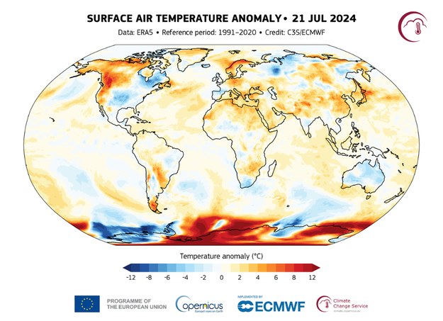 Anomalia temperatury powietrza 21 lipca w  porównaniu z okresem referencyjnym 1991-2020 /C3S/ECMWF /