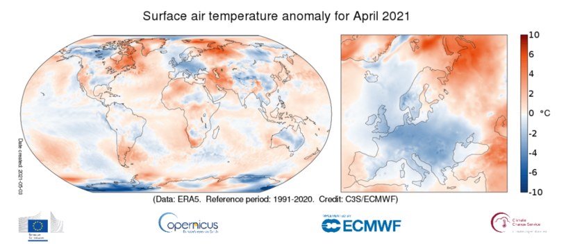 Anomalie temperatur w kwietniu 2021 r. /Copernicus /materiały prasowe