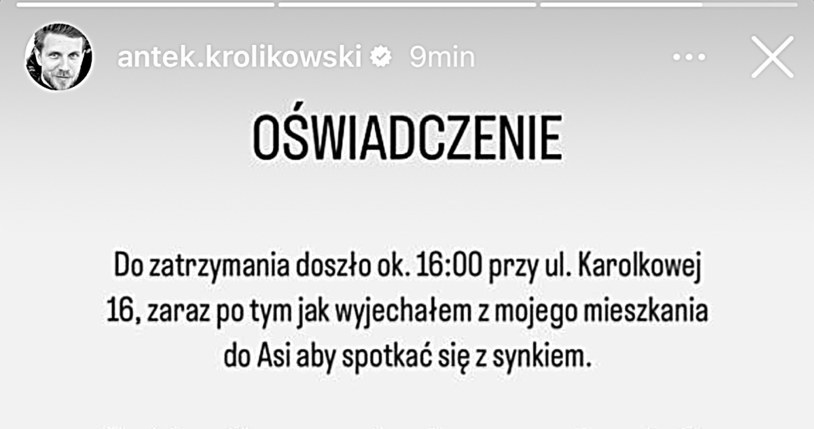 Antek Królikowski wydał oświadczenie po zatrzymaniu przez policję /@antek.krolikowski /Instagram