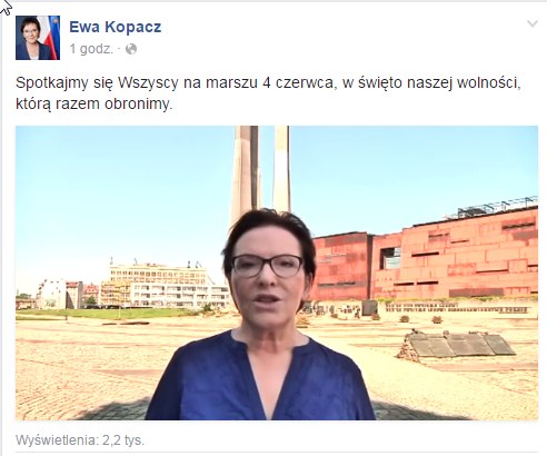 Apel o udział w marszu Ewa Kopacz zamieściła na Facebooku /facebook.com