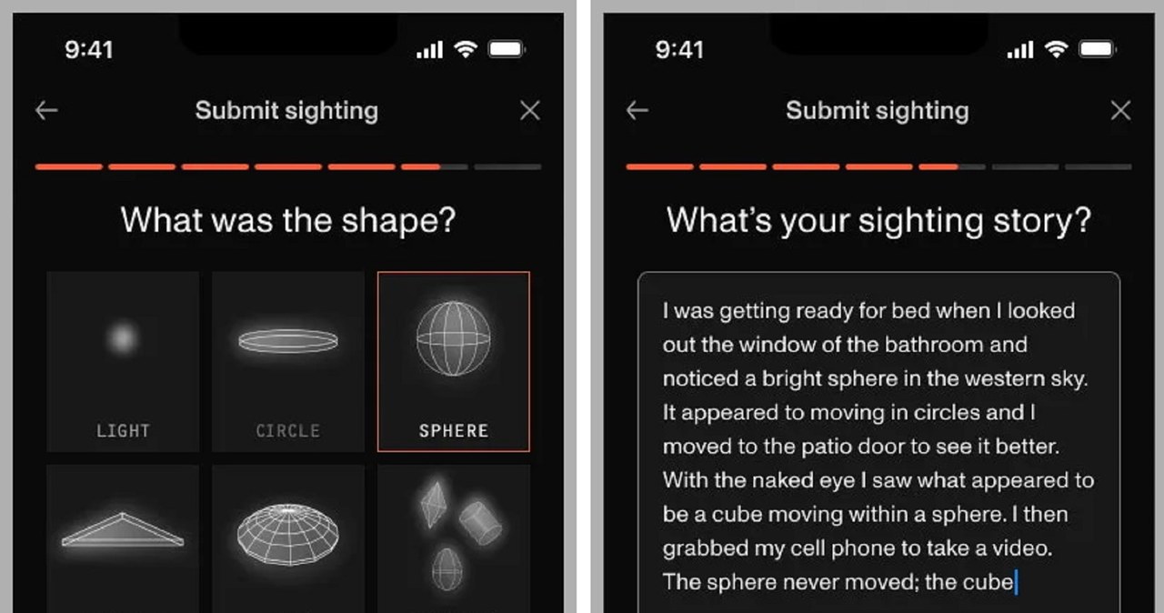 Aplikacja ENIGMA prosi osobę zgłaszającą obserwację UFO o zaznaczenie ikonki z kształtem obiektu, który widziała na niebie / zdjęcie: Enigma Labs /domena publiczna