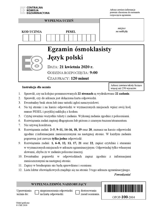 Arkusz CKE. Egzamin ósmoklasisty 2020, język polski, odpowiedzi /RMF FM