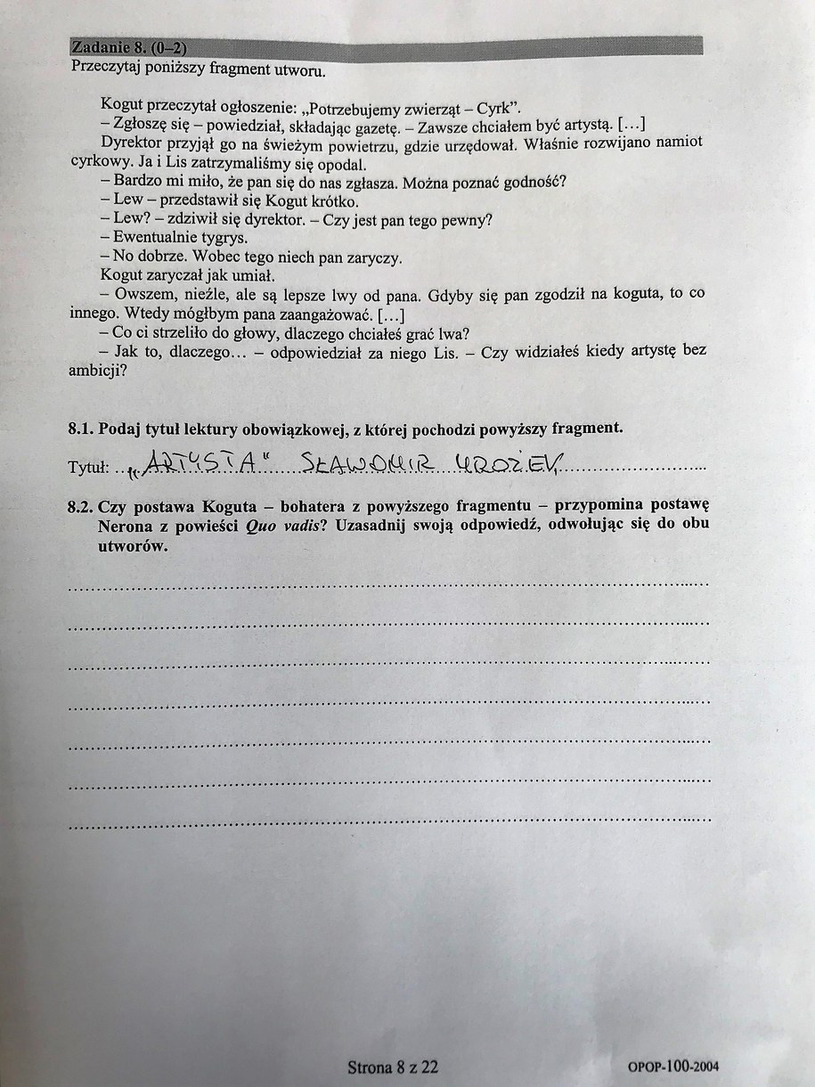 Arkusz CKE. Egzamin ósmoklasisty 2020, język polski, odpowiedzi /RMF24