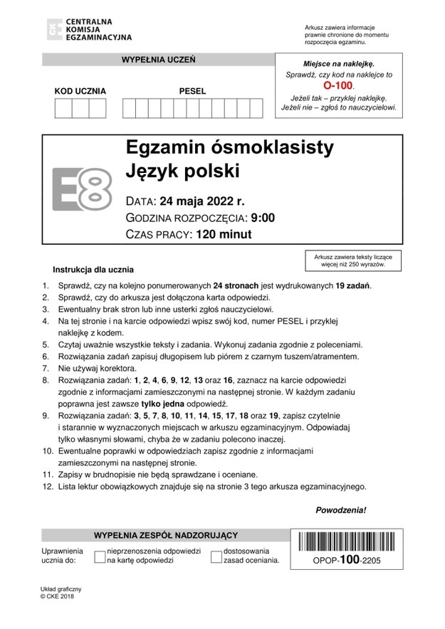 Arkusz CKE. Egzamin ósmoklasisty 2022, język polski /CKE /RMF24