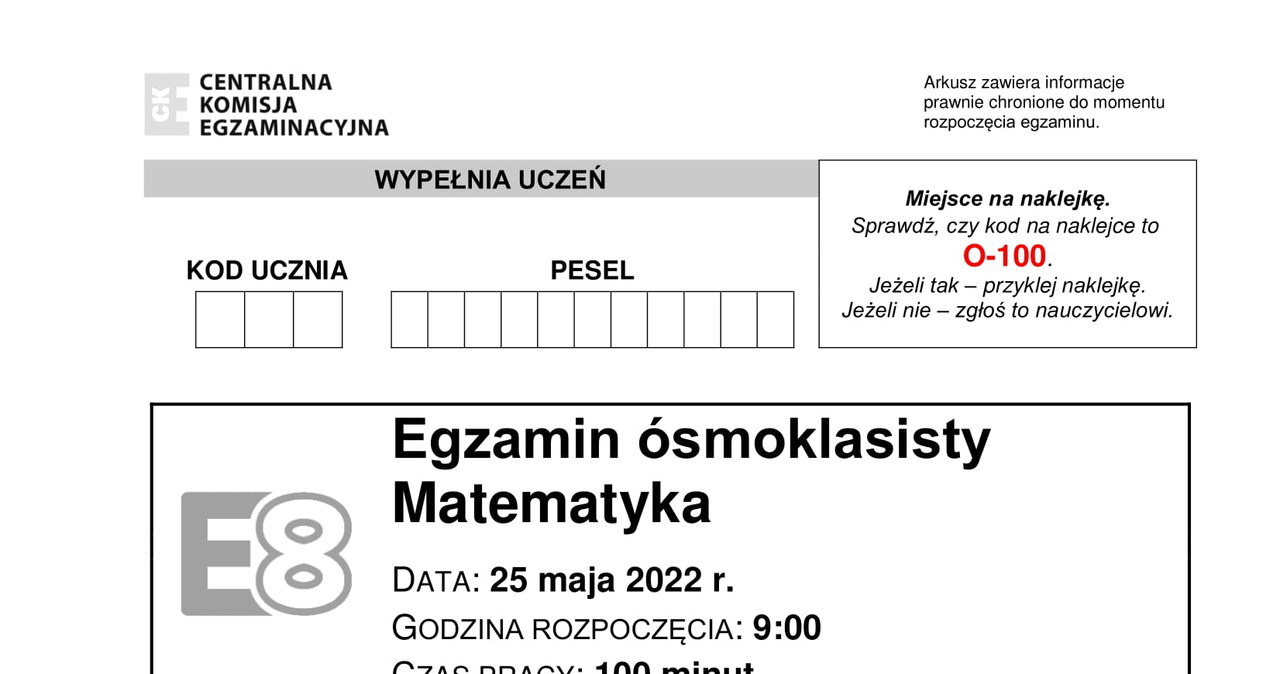 Arkusze CKE. Egzamin ósmoklasisty z matematyki, 2022