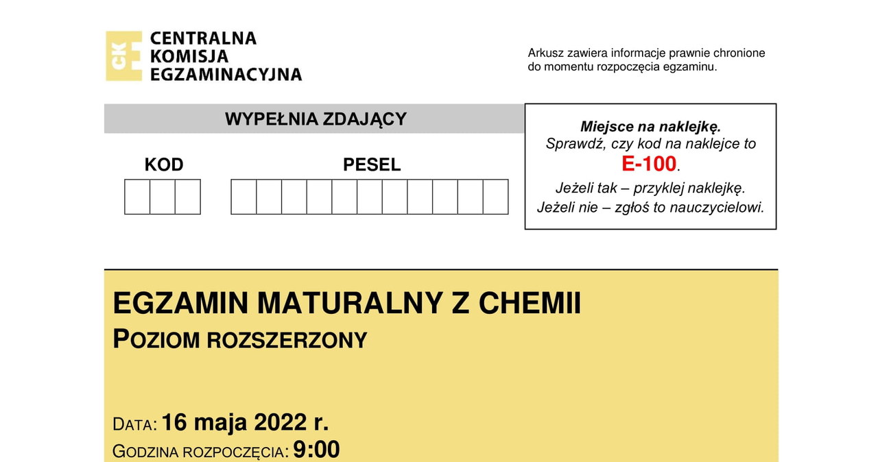 Arkusze CKE z chemii. Matura 2022