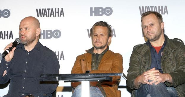 Artur Kowalewski, Bartłomiej Topa i Leszek Lichota na konferencji serialu HBO "Wataha" /AKPA