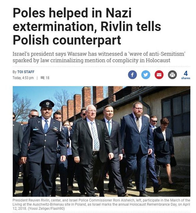 Artykuł na stronie "Times of Israel". Dziennikarze twierdzą, że prezydent Rivlin powiedział, że "Polacy pomagali w nazistowskiej eksterminacji" /RMF FM
