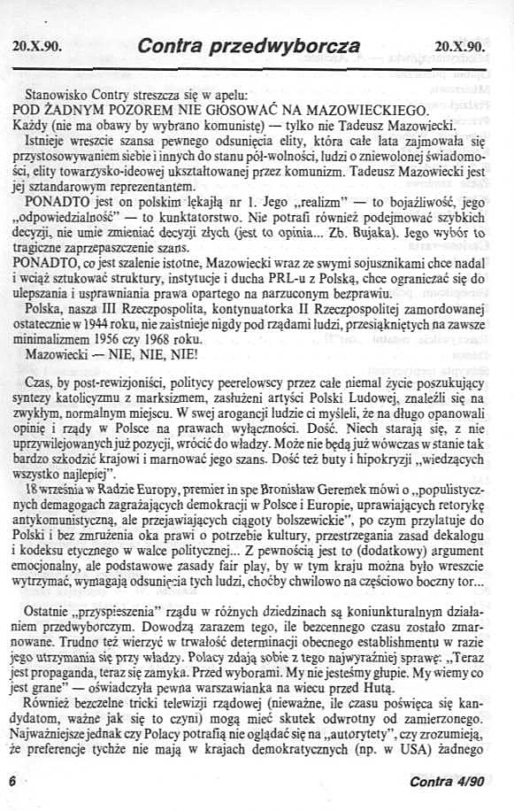 Artykuł przedwyborczy z 4. numeru pisma "Contra" - pierwsza strona / źródło: Encyklopedia Solidarności /INTERIA.PL