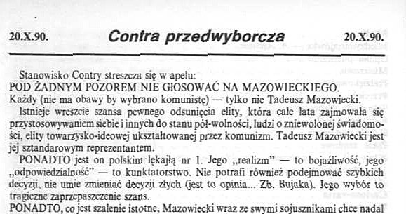 Artykuł przedwyborczy z 4. numeru pisma "Contra" - pierwsza strona / źródło: Encyklopedia Solidarności /INTERIA.PL