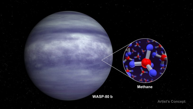 An artist's impression of the exoplanet WASP-80 b, which may appear bluish to the human eye due to the lack of high-altitude clouds and the presence of methane in the atmosphere.