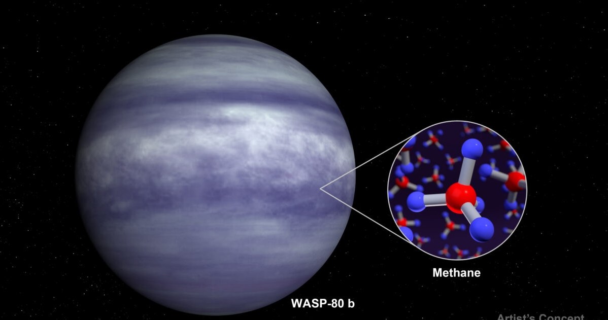 Artystyczna wizja egzoplanety WASP-80 b, której kolor może być niebieskawy dla ludzkich oczu ze względu na brak chmur znajdujących się na dużych wysokościach oraz obecność metanu atmosferycznego /NASA /NASA