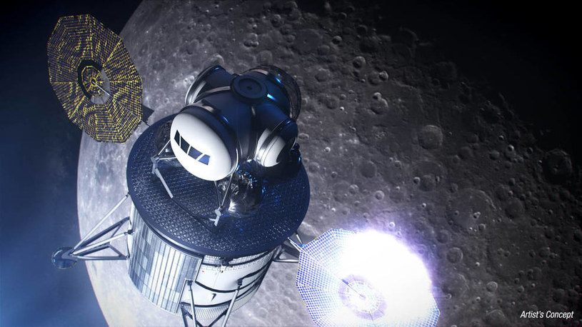 Artystyczna wizja lądownika zmierzającego ku powierzchni Księżyca - program Artemis /NASA