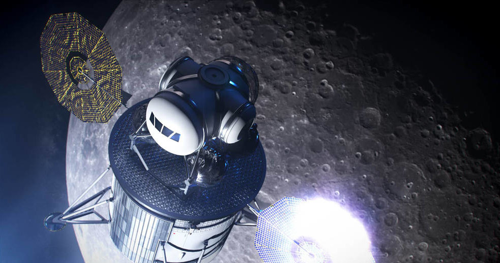 Artystyczna wizja lądownika zmierzającego ku powierzchni Księżyca - program Artemis /NASA