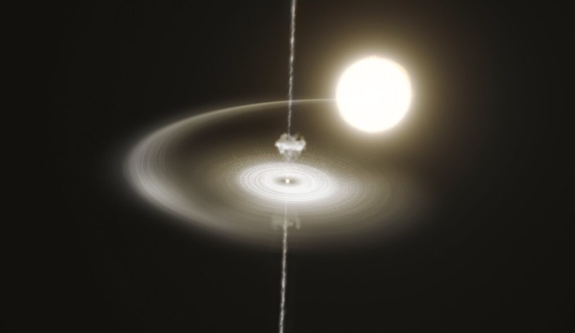 Artystyczna wizja pulsara gromadzącego gaz ze swojej gwiazdy towarzyszącej i wyrzucającego dżety /ESO/M. Kornmesser /domena publiczna