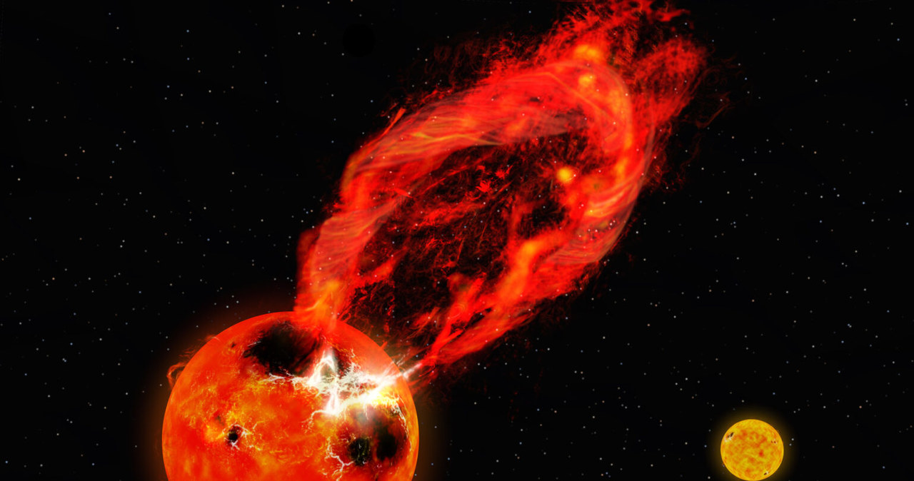 Artystyczna wizja układu podwójnego V1355 Orionis z gwiazdą emitującą superrozbłyski /National Astronomical Observatory of Japan /domena publiczna