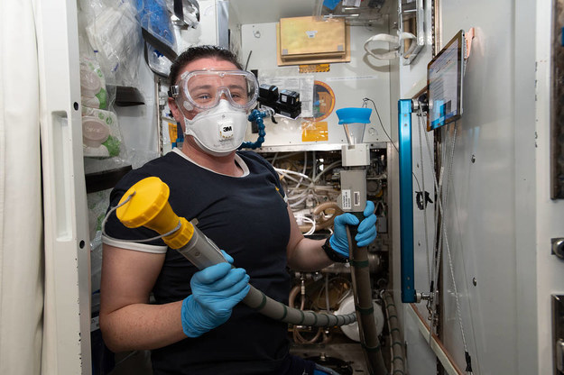 Astronautka NASA, Serena Auñón-Chancellor podczas prac porządkowych w toalecie, czyli Waste and Hygiene Compartment w module Tranquility /NASA /Materiały prasowe