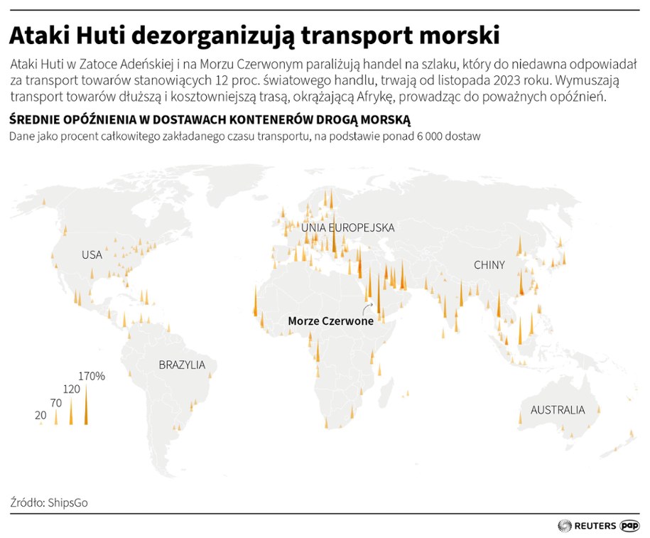 Ataki Huti w Zatoce Adeńskiej i na Morzu Czerwonym paraliżują handel na szlaku, który do niedawna odpowiadał za transport towarów stanowiących 12 proc. światowego handlu. /Maciej Zieliński /PAP